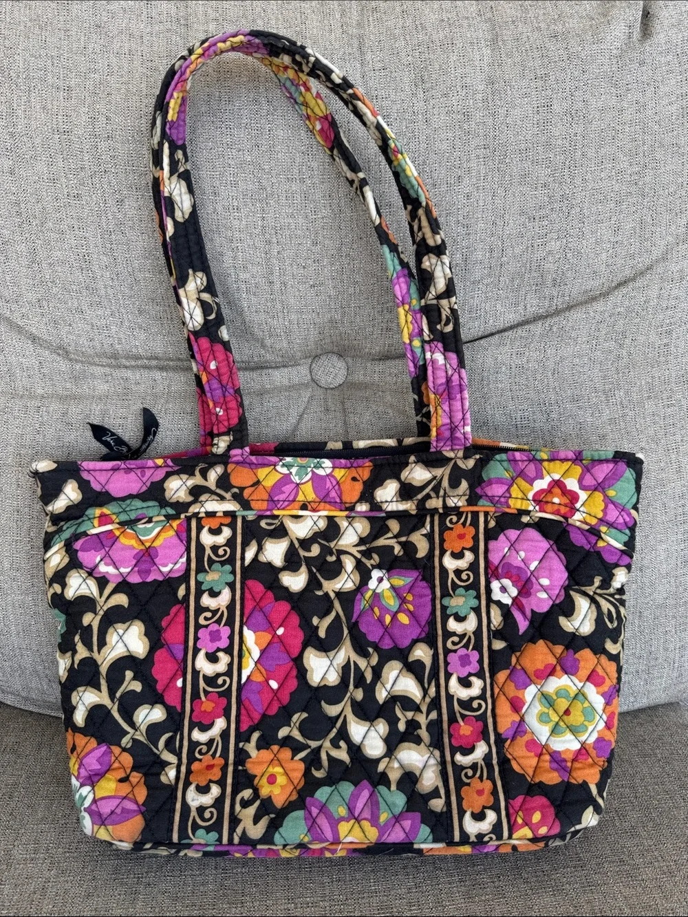 Vera Bradley Black Quilted Floral Tote with Purple, Pink & Orange Accents